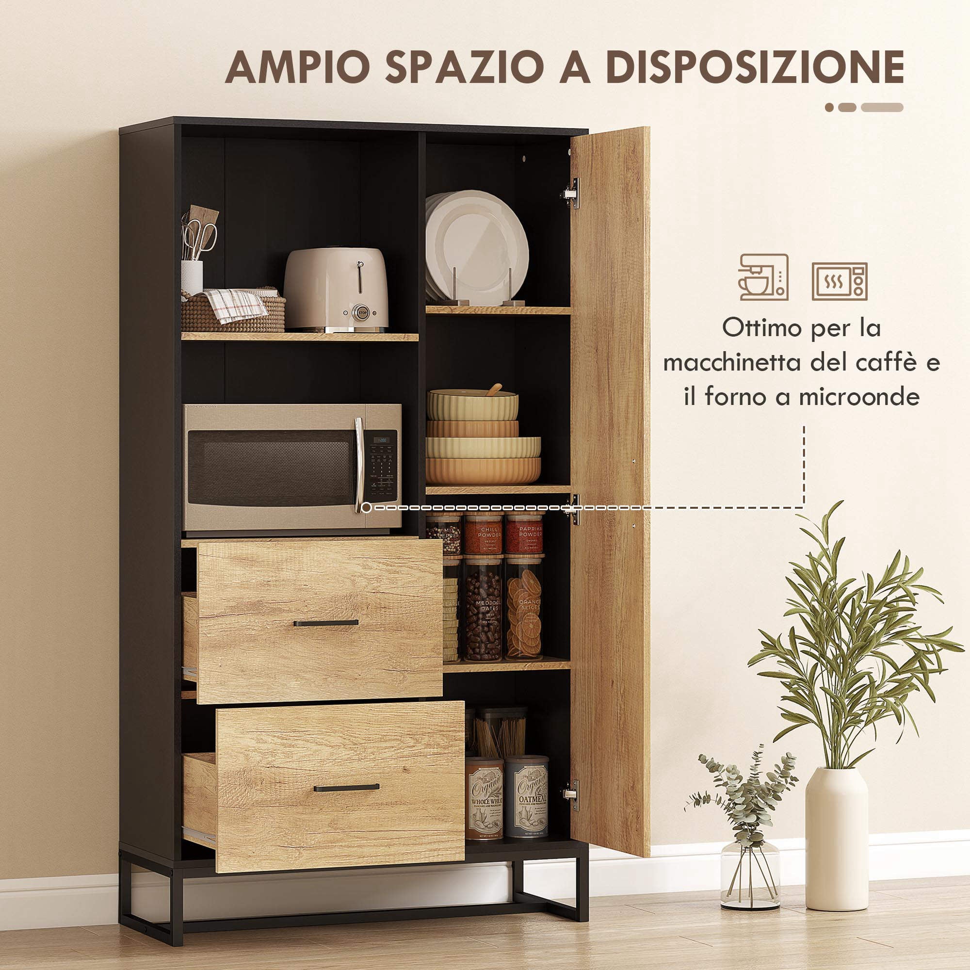 Modern Kitchen Sideboard with 2 Drawers, 2 Shelves and a Cabinet, 88x35x160 cm, Wood and Black