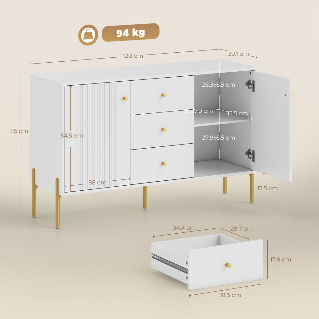 HOMCOM Modern Sideboard, Coffee Bar Cabinet with 3 Silent Drawers, 2 Adjustable Shelves, 5 Steel Legs, White