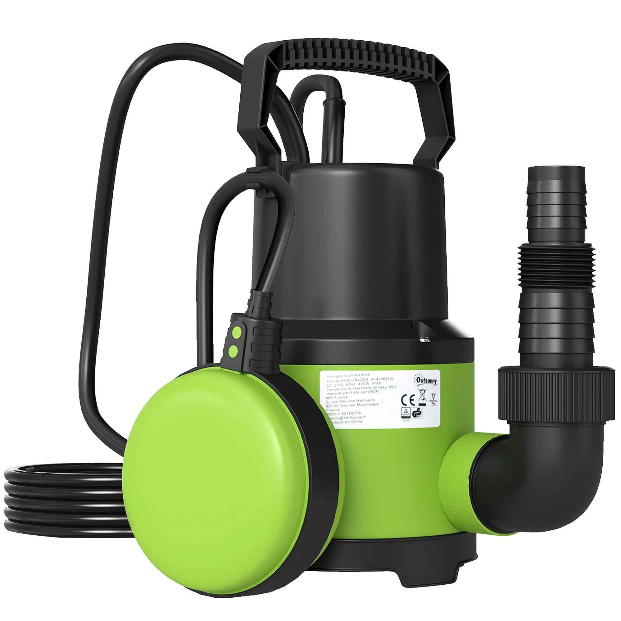 Outsunny 400W Dirty/Clean Water Pump, 9,000L/h, Submersible Dirty Water Pump 7m Max Depth, Handles Particles up to 15mm, Float Switch, Green
