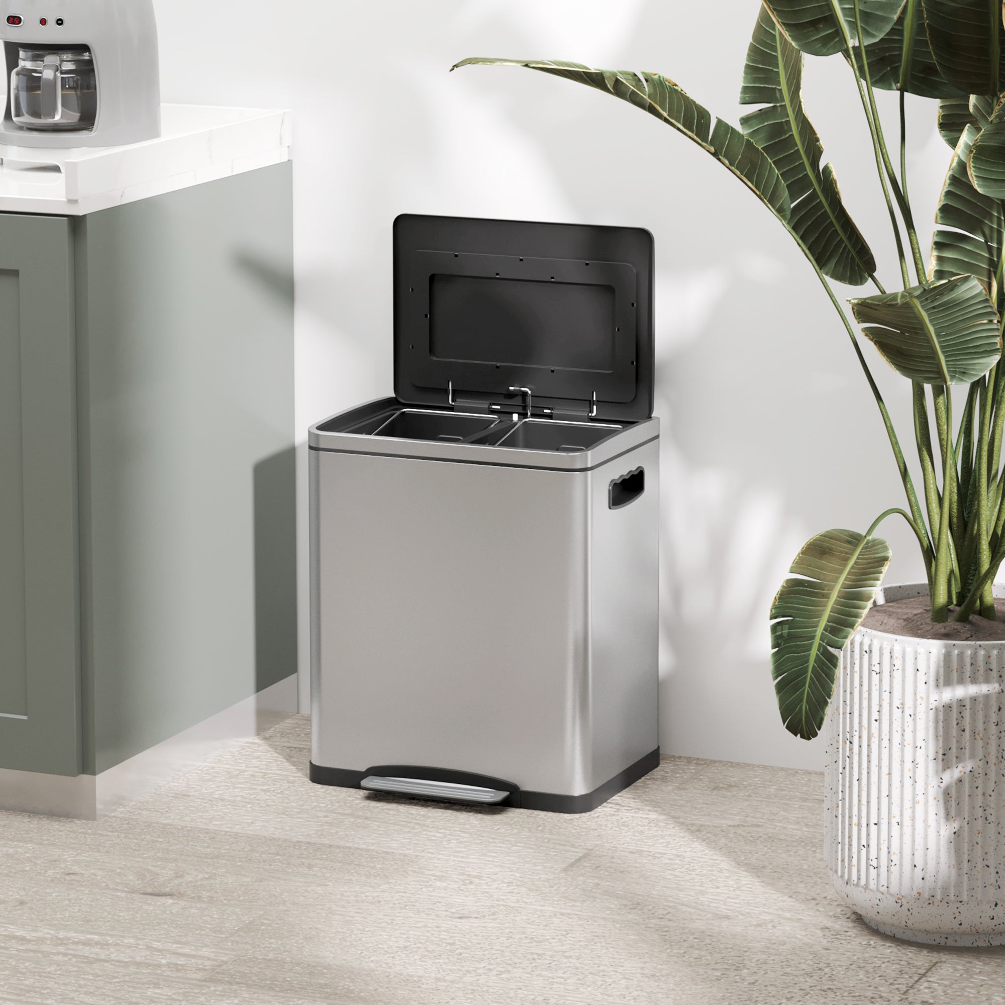 15L 2-Section Pedal Bin with Silent Lid, Stainless Steel and PP, 40x34.8x47.5 cm