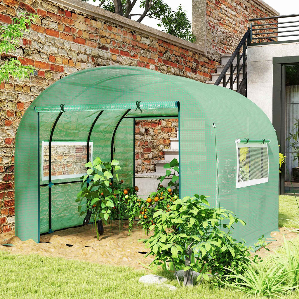 Outsunny 3x3x2 m Steel and UV-Resistant Polyethylene Tunnel Greenhouse for Vegetable Garden with Roll-Up Doors and Windows, Green