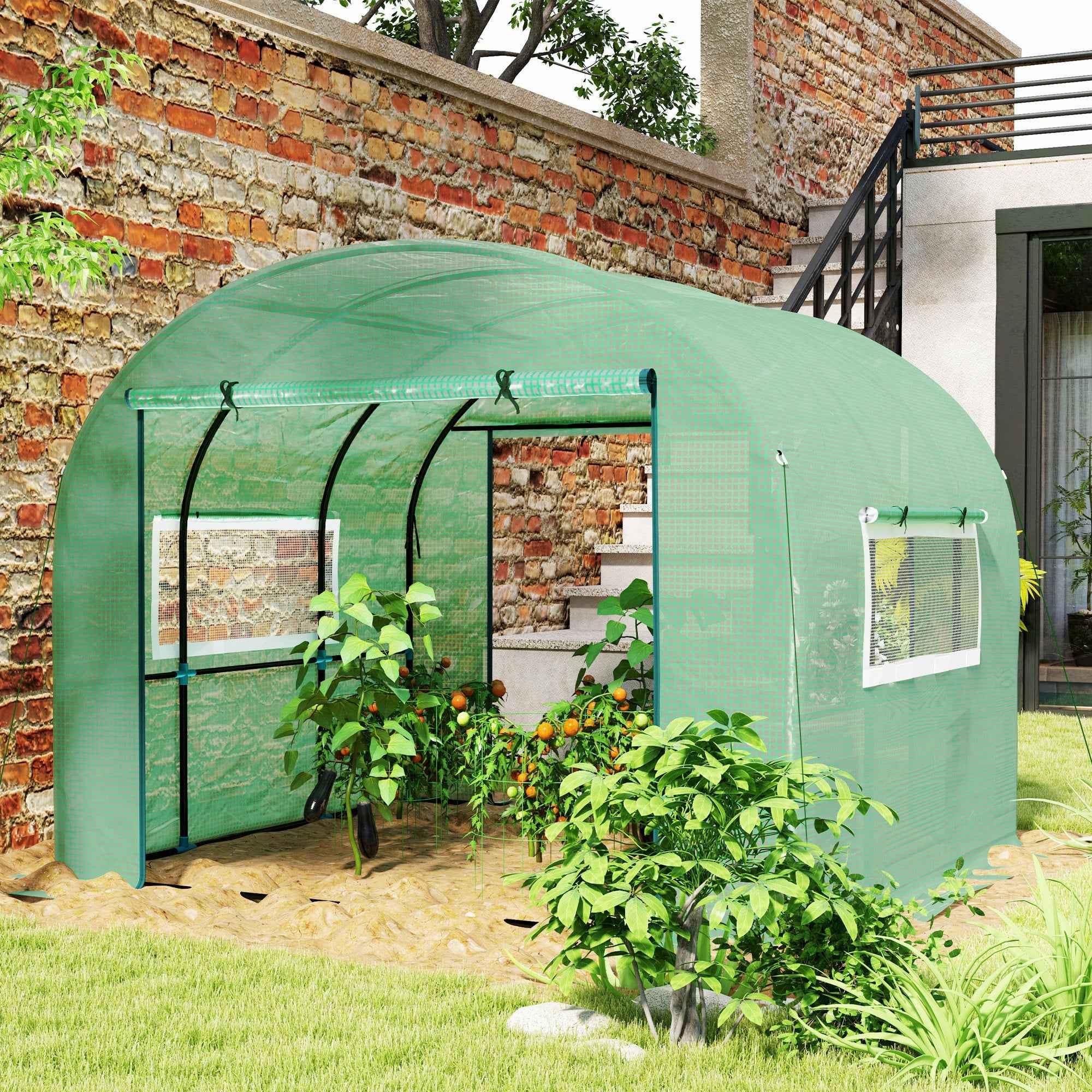 Outsunny 3x3x2 m Steel and UV-Resistant Polyethylene Tunnel Greenhouse for Vegetable Garden with Roll-Up Doors and Windows, Green