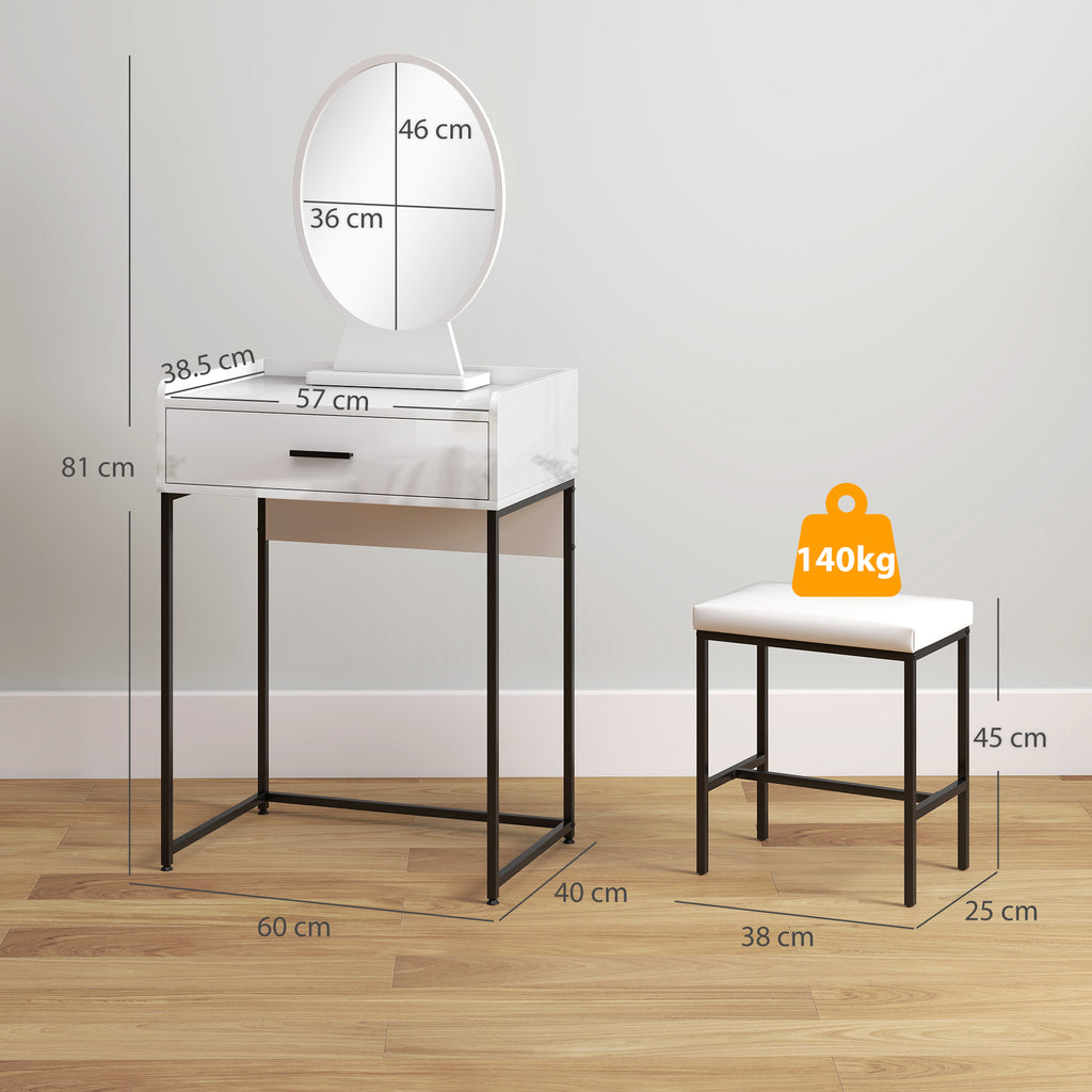 Dressing Table Set with Makeup Mirror, Drawer and Padded Stool, White
