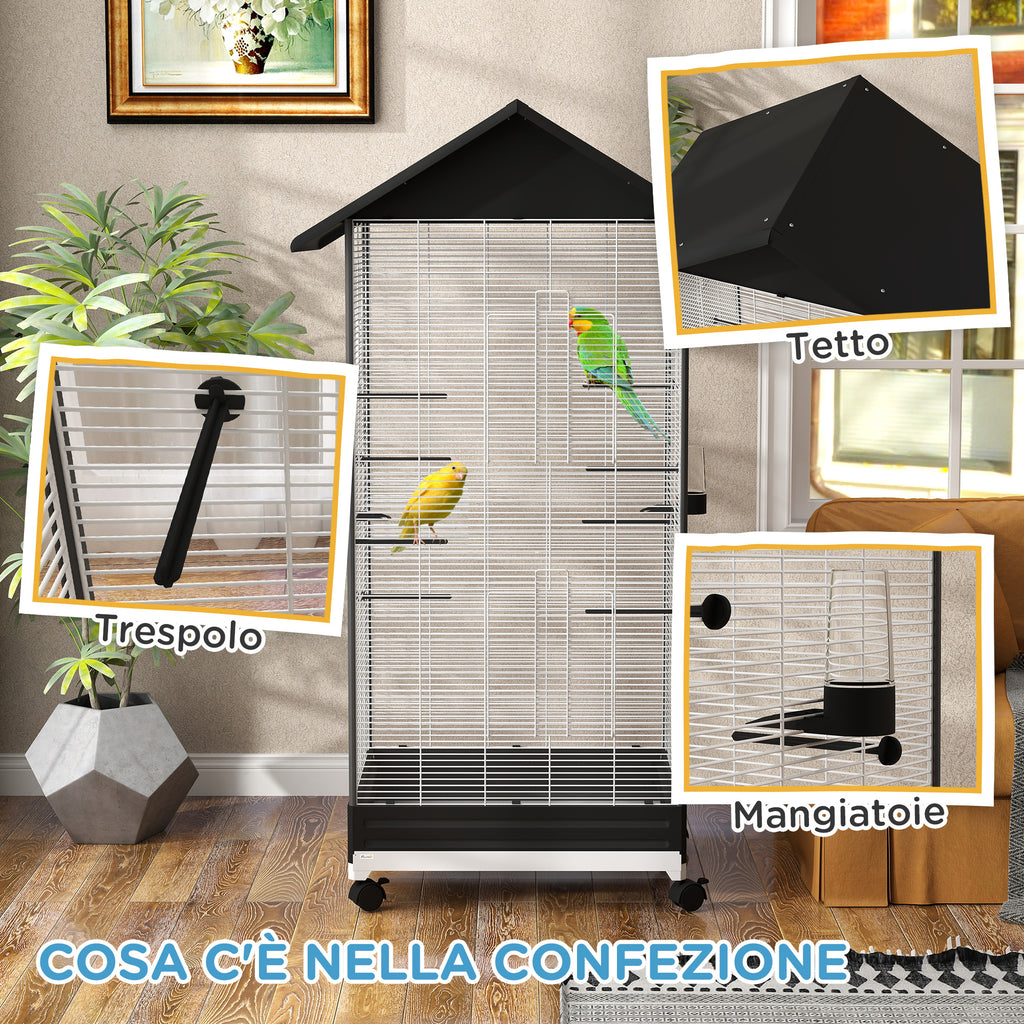 Bird Cage with Wheels and Removable Tray, 155 cm High Aviary with Perches and Feeders, Black