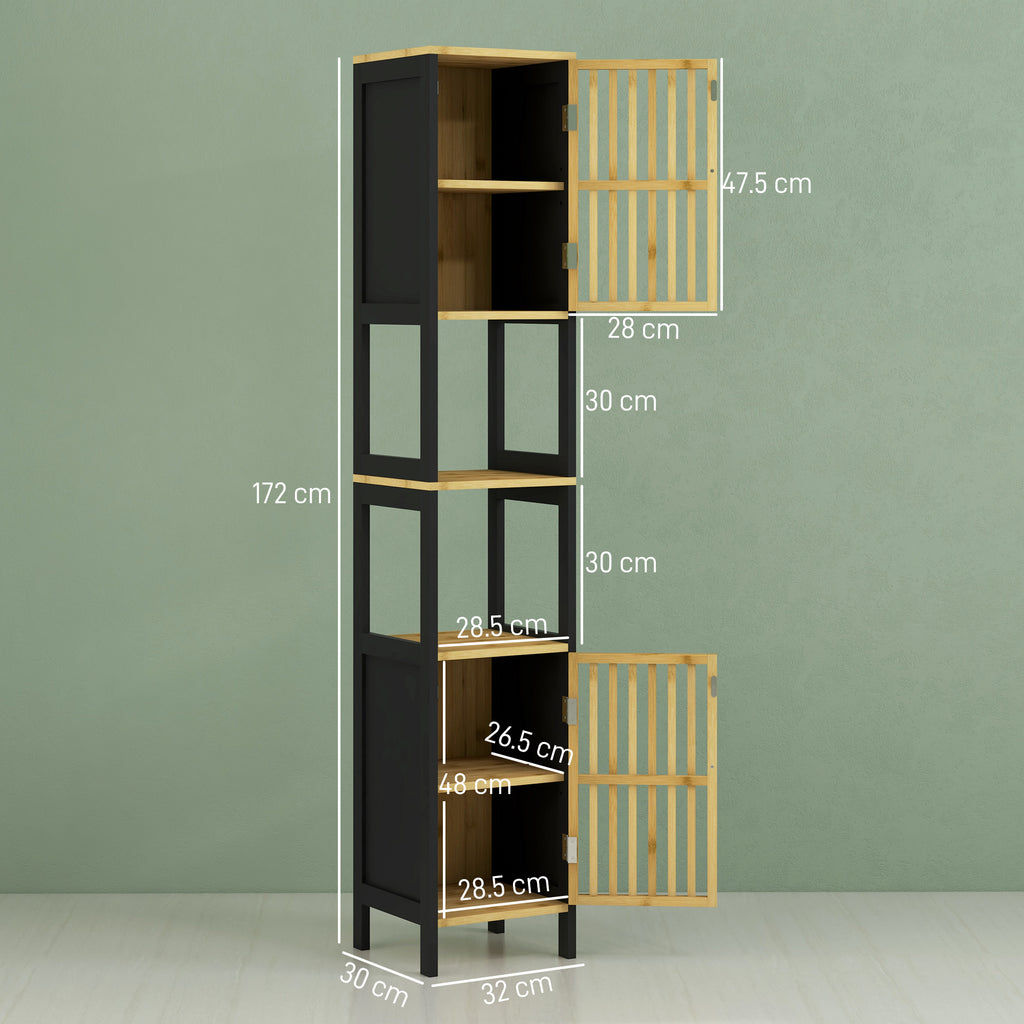 HOMCOM Slatted Bathroom Cabinet with 2 Open Shelves and 2 Cabinets, in MDF and Bamboo, 32x30x172 cm, Black and Wood Color - Borgè