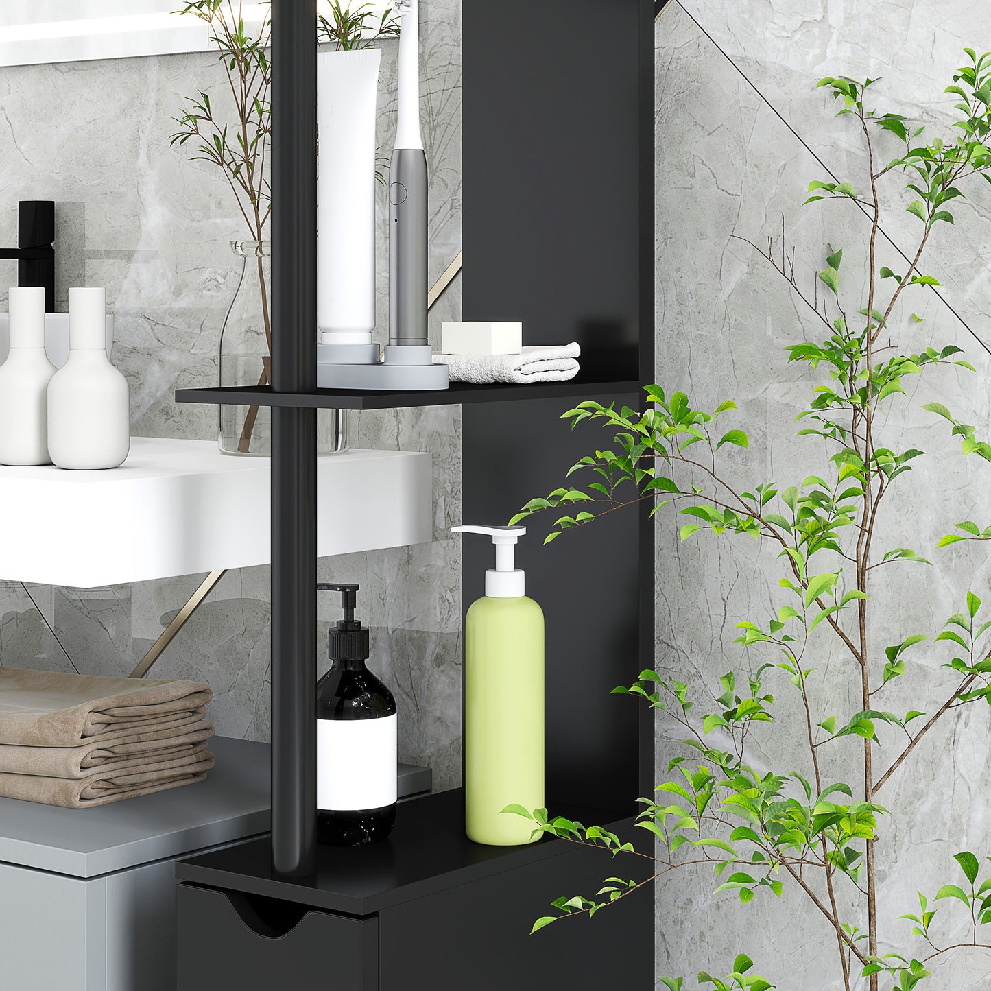 Bathroom Column with 2 Shelves and 2 Cabinets, Space-Saving Tall Cabinet 15.2x29.8x118 cm, Black