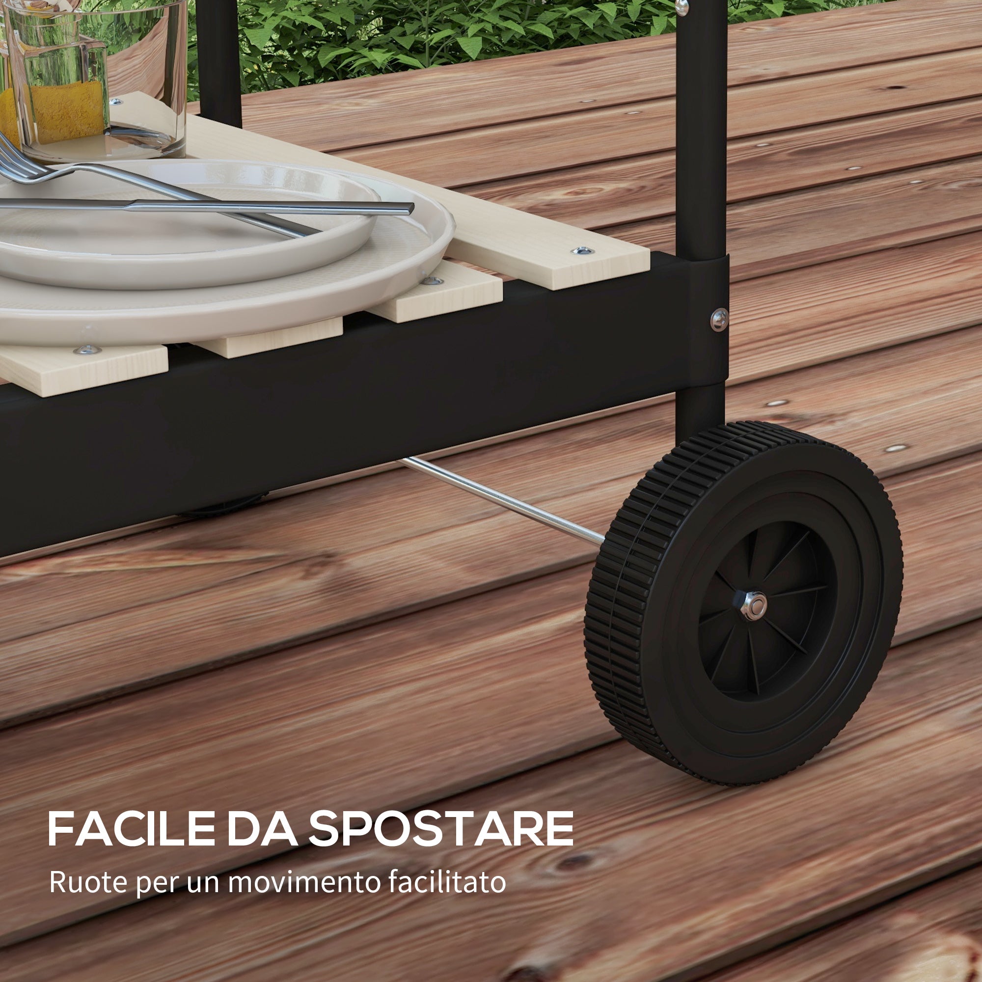 Charcoal Barbecue with Adjustable Grill and 3 Wooden Metal Shelves, 103x47x95 cm, Red