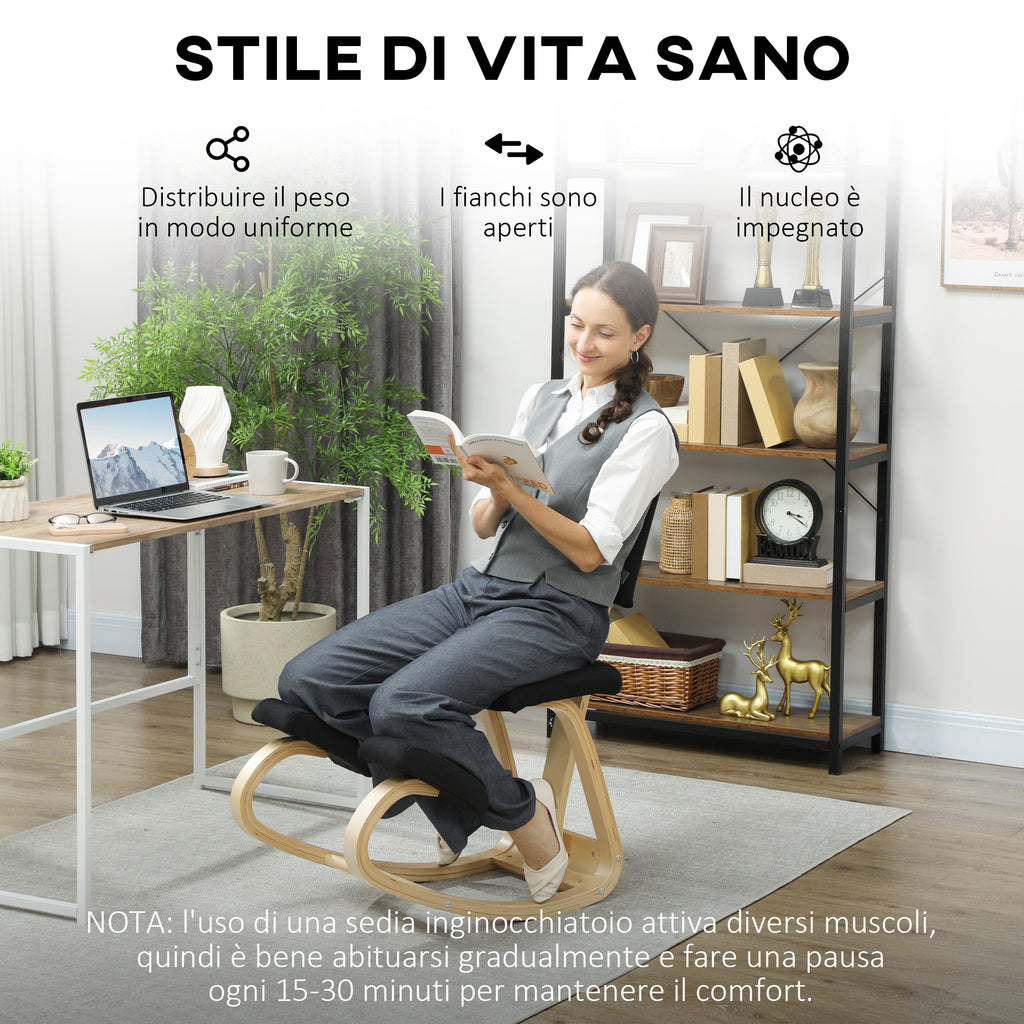 Rocking Kneeling Chair in Linen-Effect Fabric and Birch Wood, 51x84x93 cm, Black