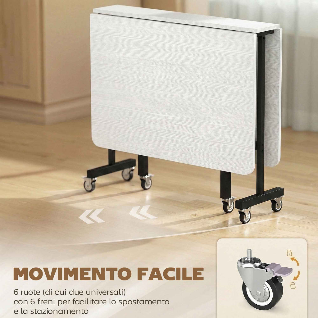 HOMCOM Folding Table for 4-6 People with 2 Flaps and Wheels with Brakes, 120x80x73 cm, White Wood