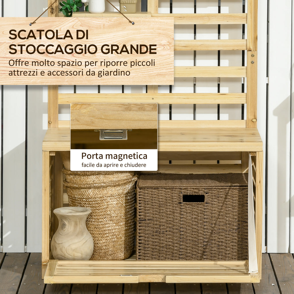 Outsunny Garden Storage Bench with Trellis and 4 Wooden Shelves with Magnetic Closure, 80x45x160 cm