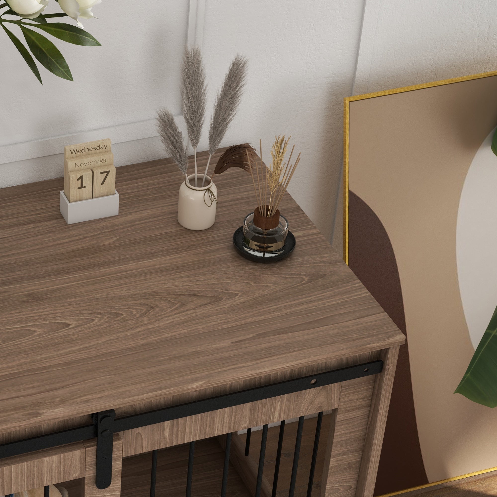 Large Dog House with Sliding Door for Indoor Wooden, 98x58x61cm, Brown