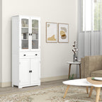 High Kitchen Sideboard with 2 Cabinets and Drawer, Glass Doors and Adjustable Shelves, 60x30x160cm, White