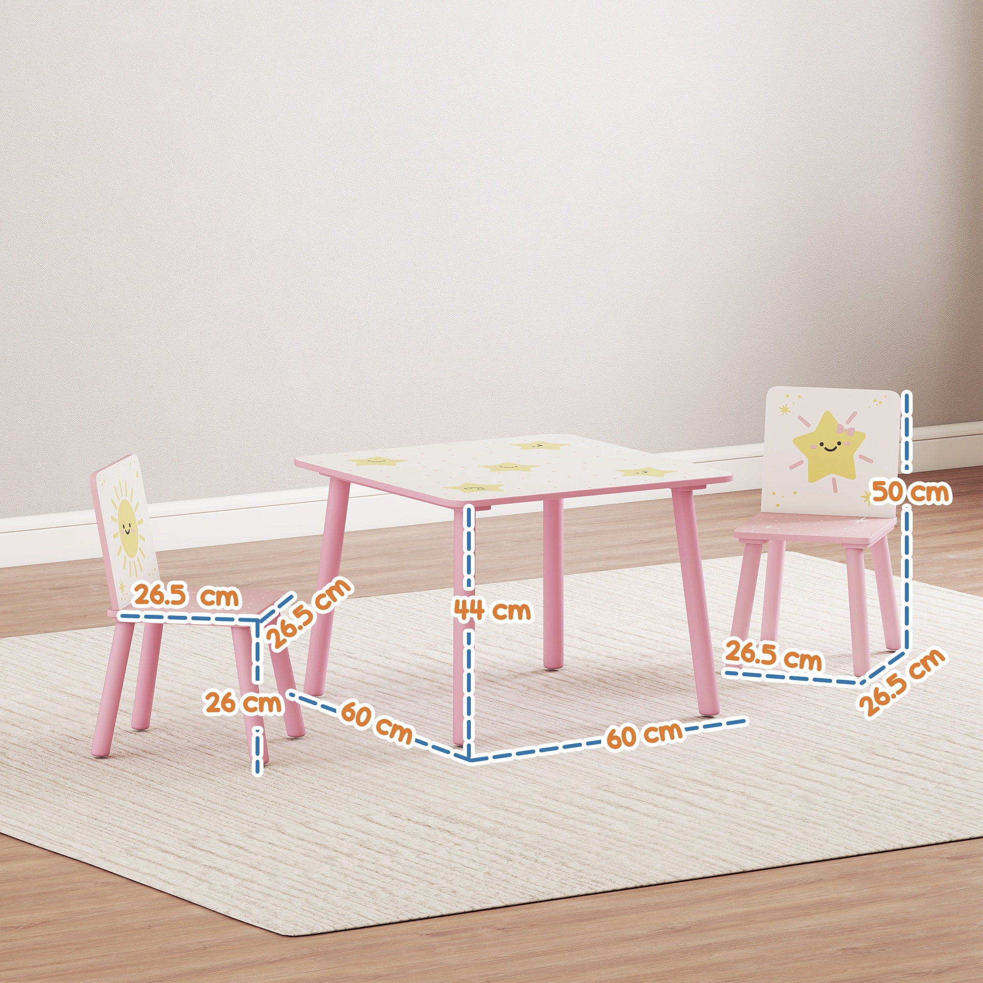 Children's Room Furniture Set with Table and 2 Chairs for Children Ages 3-8 with Star Pattern, Pink