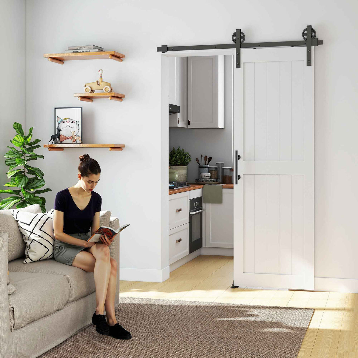 HOMCOM Country Style Sliding Door with Track and Handle in Wood and Steel, 71.5x213.4 cm, Black and White