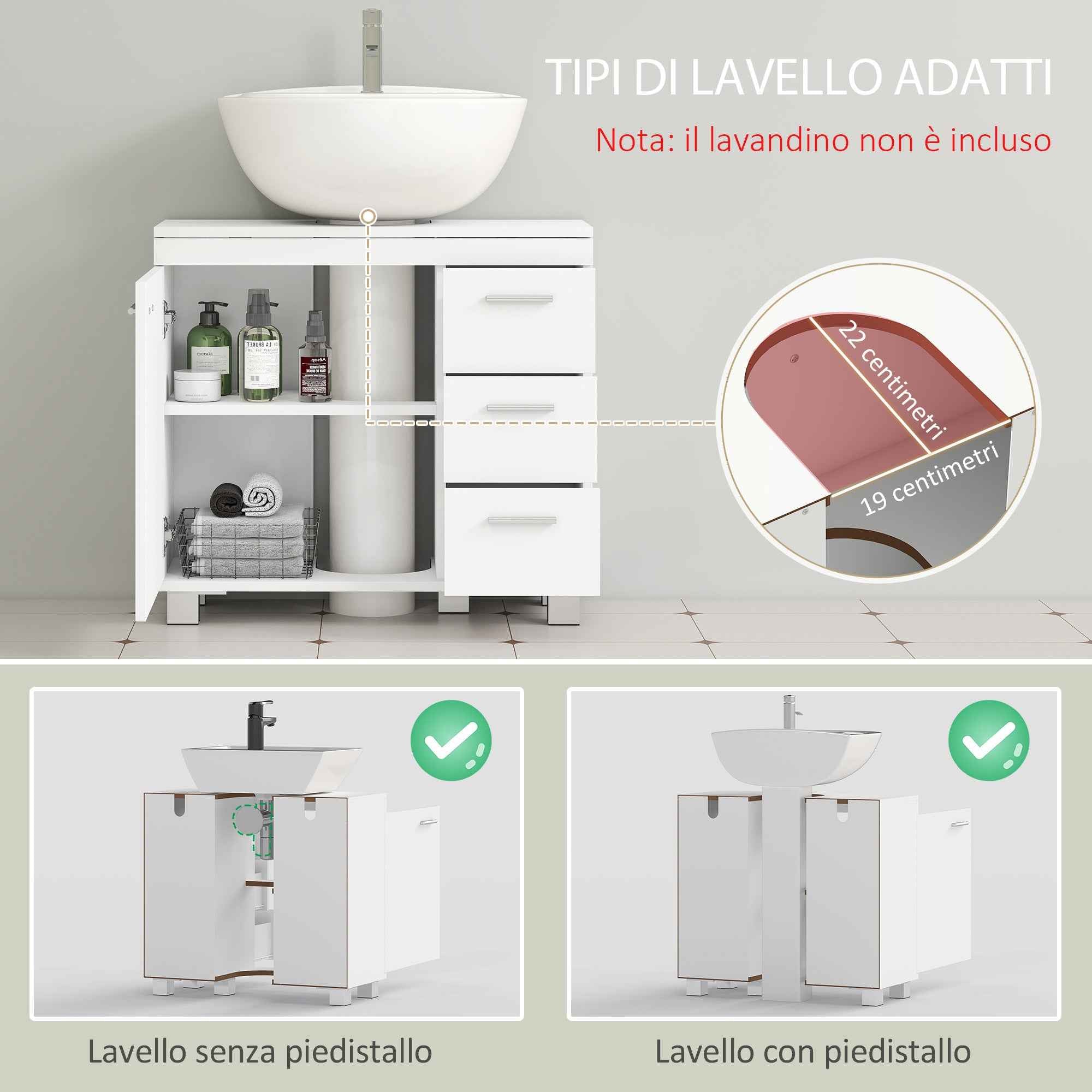 HOMCOM Bathroom Vanity Unit with Cabinet, Shelves and Drawers, White