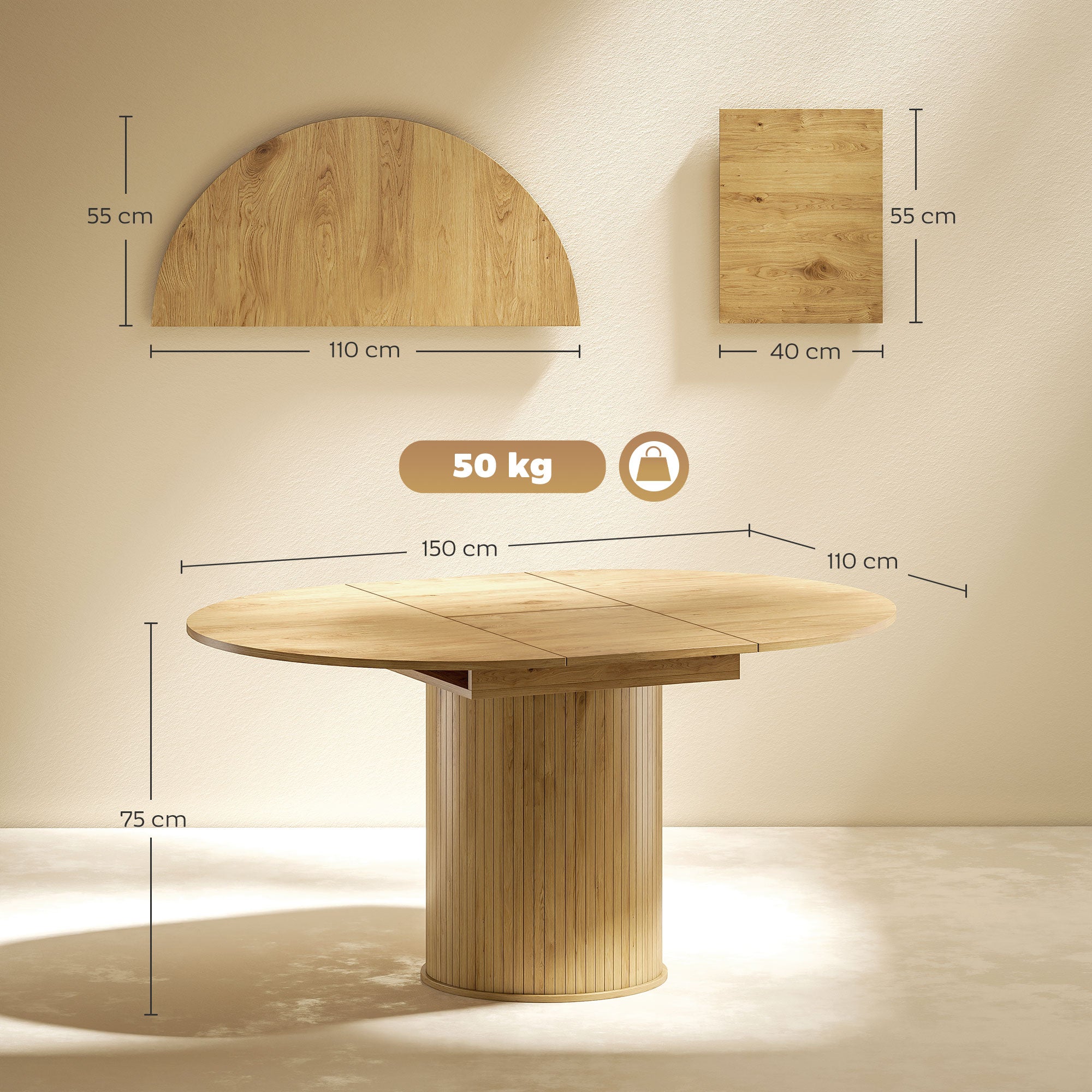 Expandable Round to Oval Pedestal Table for 6-8 People, Wood and Steel, Wood Color