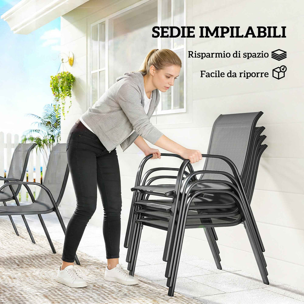 Outsunny Steel Outdoor Set with Rectangular Table and 6 Stackable Texteline Chairs, Light Grey