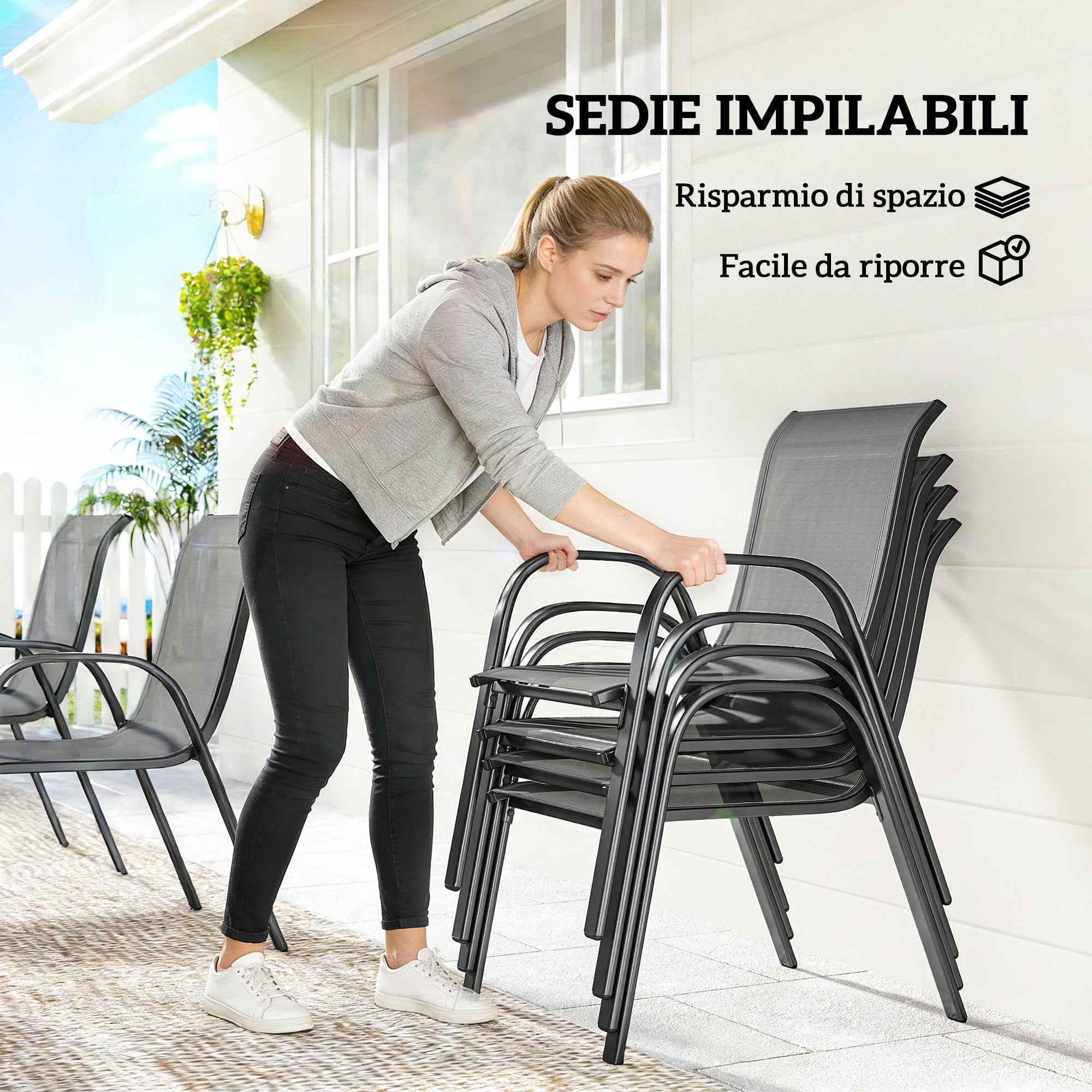 Outsunny Steel Outdoor Set with Rectangular Table and 6 Stackable Texteline Chairs, Light Grey
