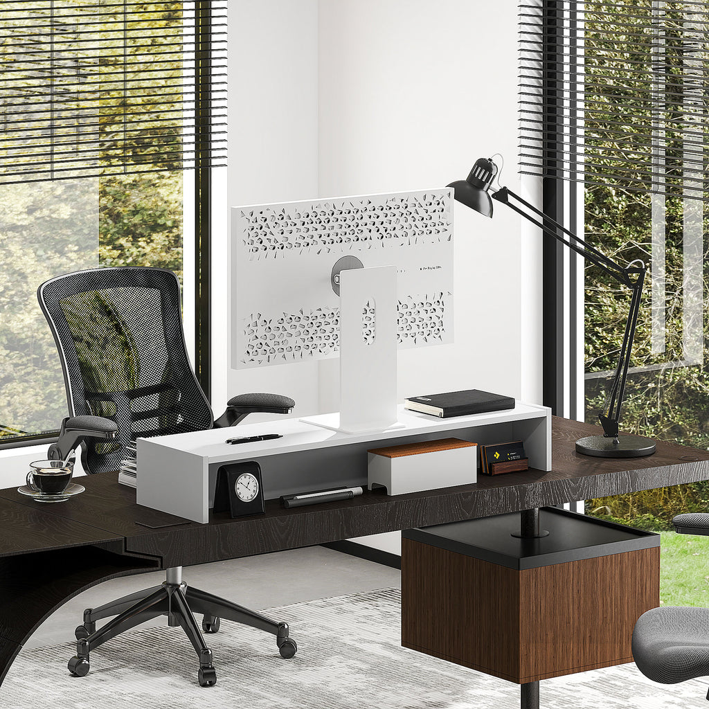 Monitor Stand with 2 Wooden Storage Compartments, 100x27x15 cm, White