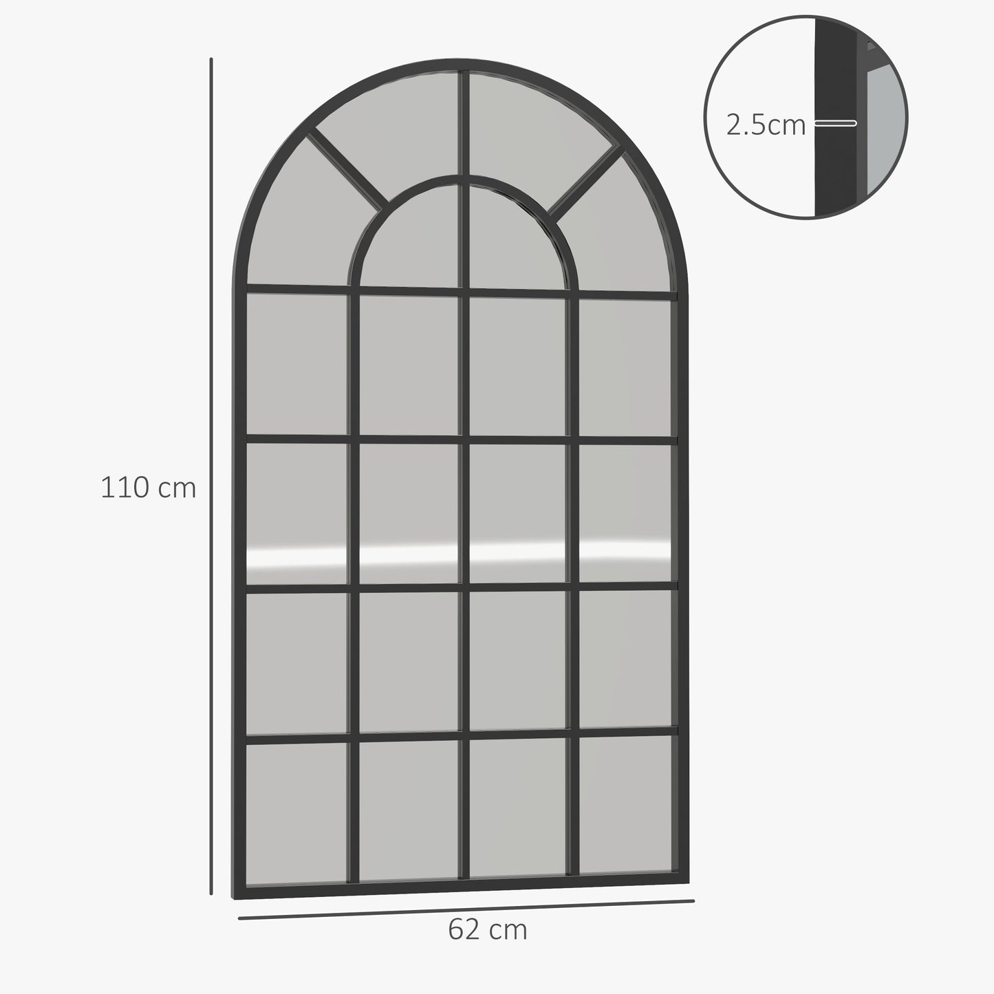 Wall Mounted Arched Mirror for Home and Office, Glass and Metal, 62x2.5x110 cm, Black