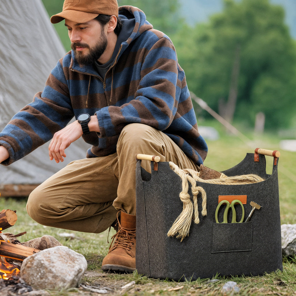 Felt Log Holder with Wooden Handles, 15 kg Capacity, 45 x 32 x 40 cm, Grey