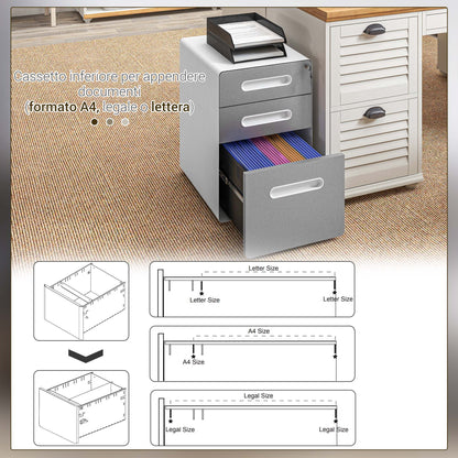 3 Drawer Office Chest with Lock, Wheels, A4, Legal and Letter Size Document Holder, Light Grey