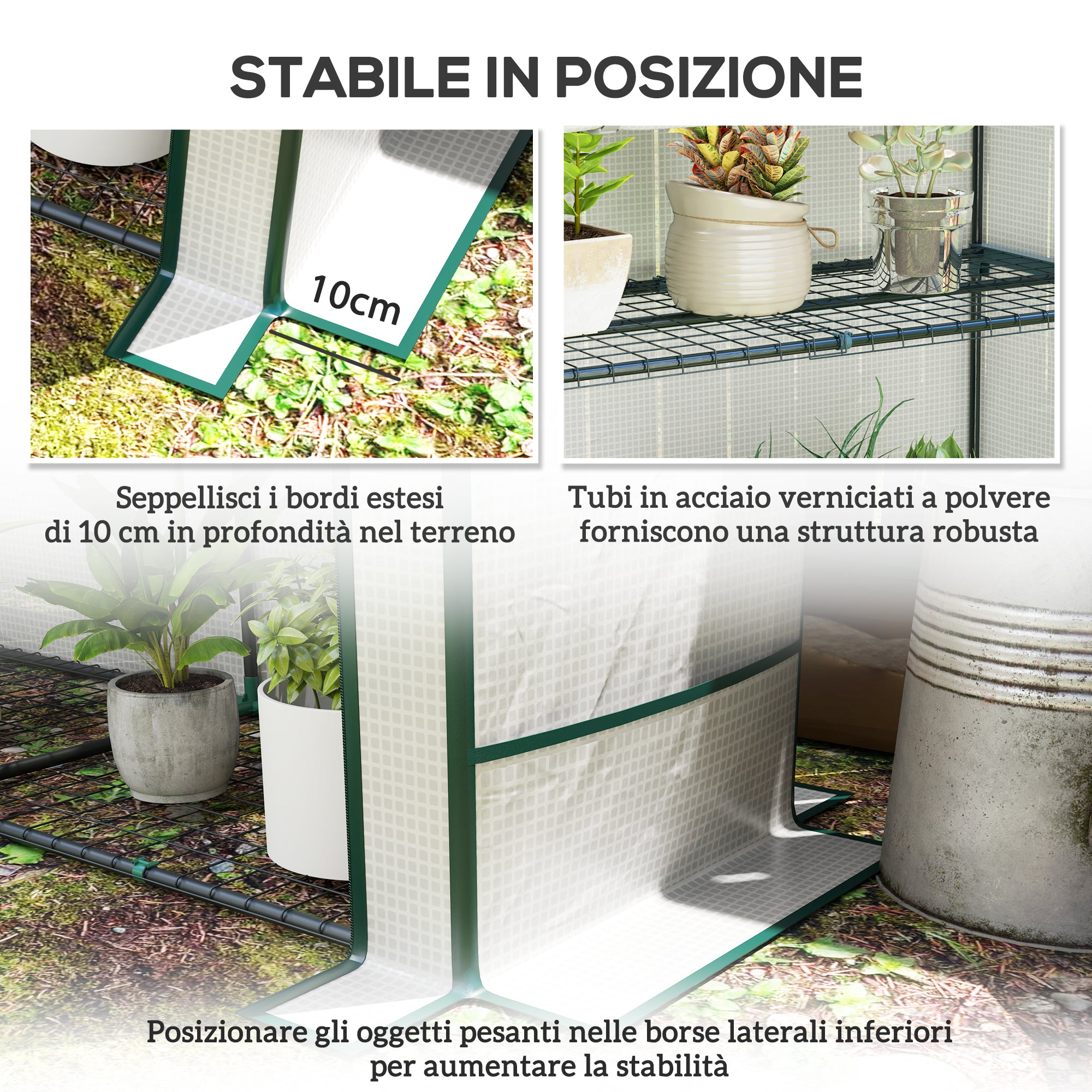 Outsunny Garden Greenhouse with 2 Roll-Up Doors, 3-Tier Shelving and Side Pockets, White and Green