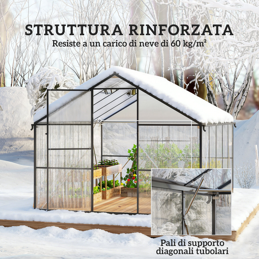 Outsunny PC and Aluminum Vegetable Garden Greenhouse with Hinged Door and 2 Adjustable Windows, 304x247x205 cm, Black