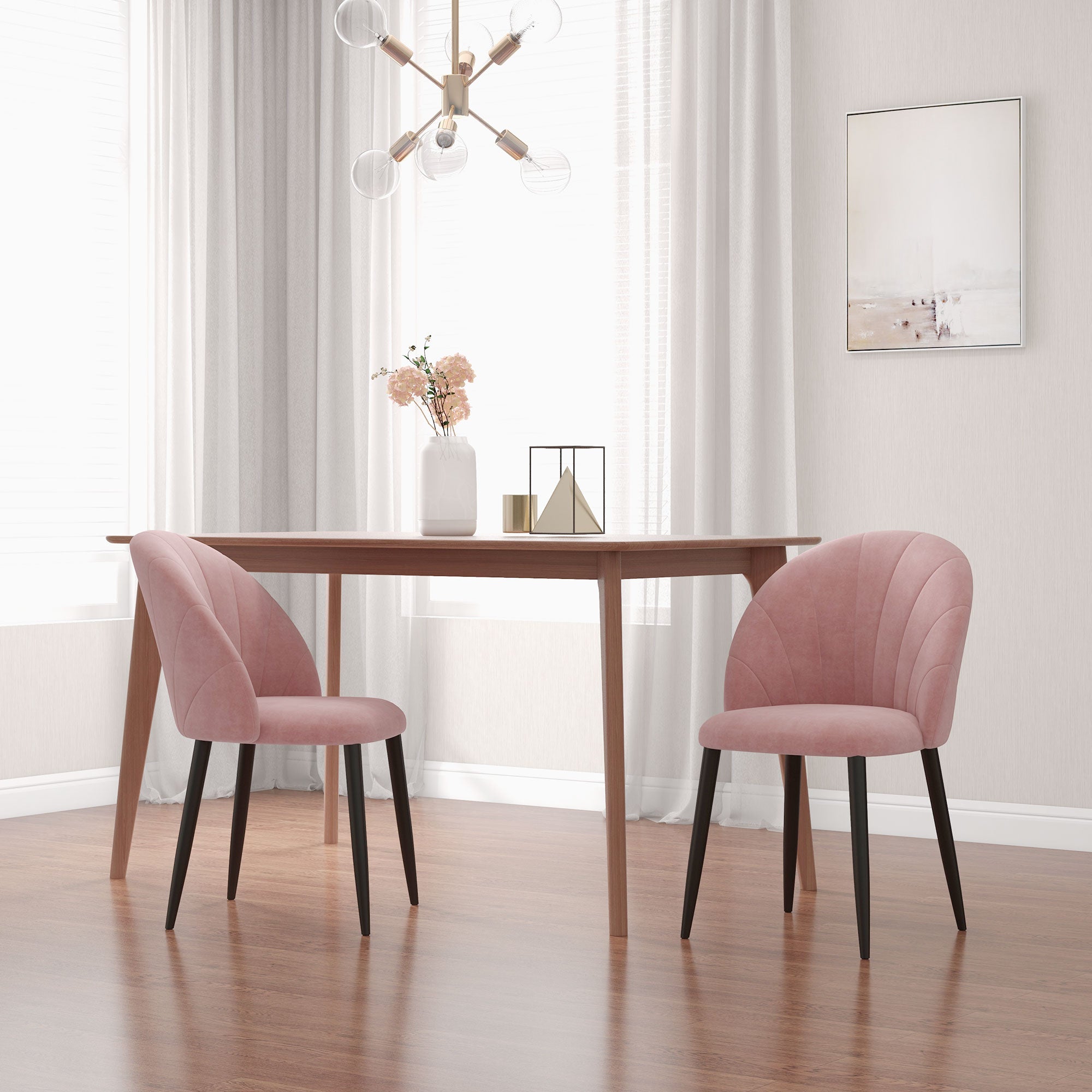 Set of 2 Nordic Style Upholstered Dining Chairs in Metal and Velvet, 52x54x79cm, Pink