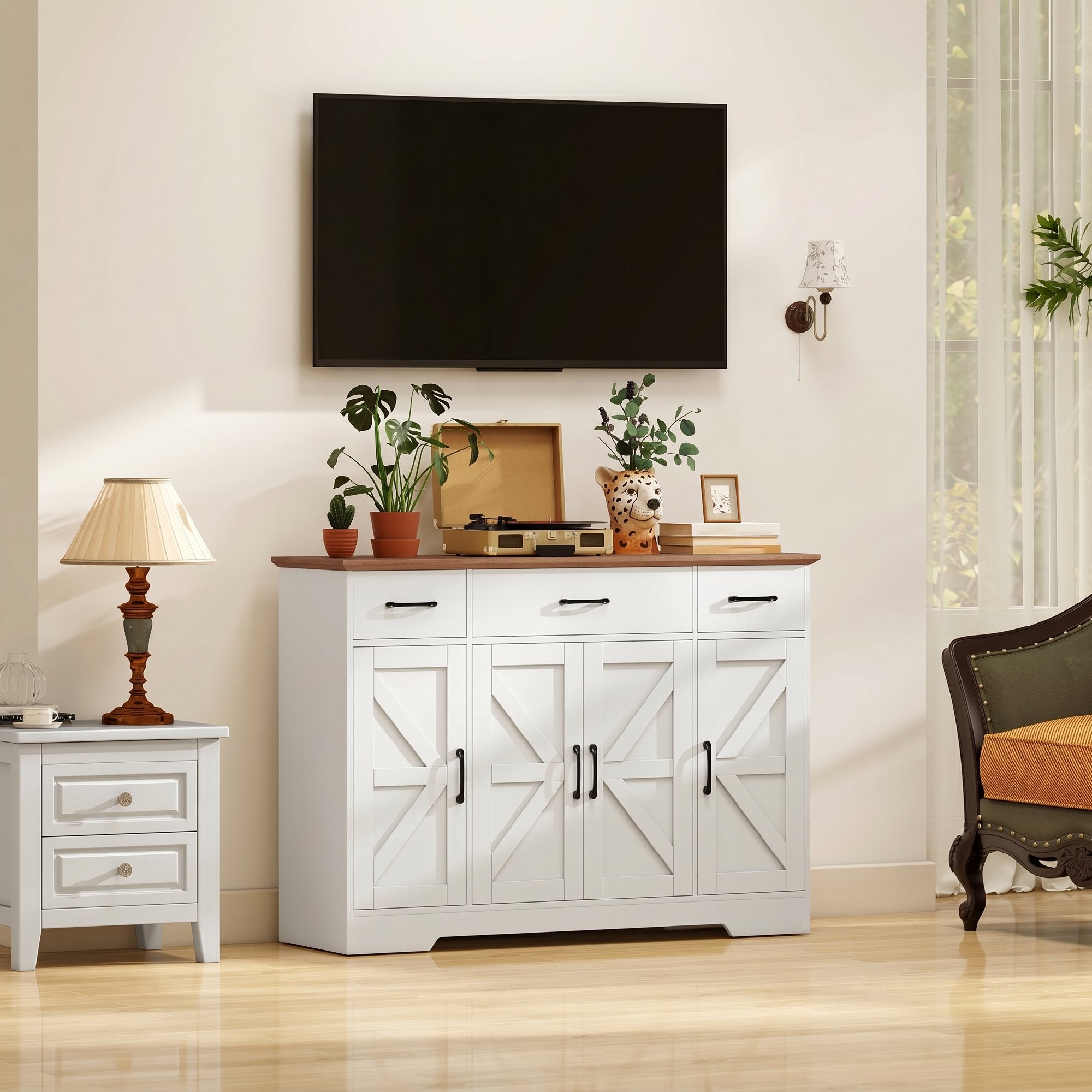 HOMCOM Rustic Kitchen Sideboard, Kitchen Cabinet with Soft-Close Doors, 3 Drawers, 3 Adjustable Shelves, Spice Rack, White