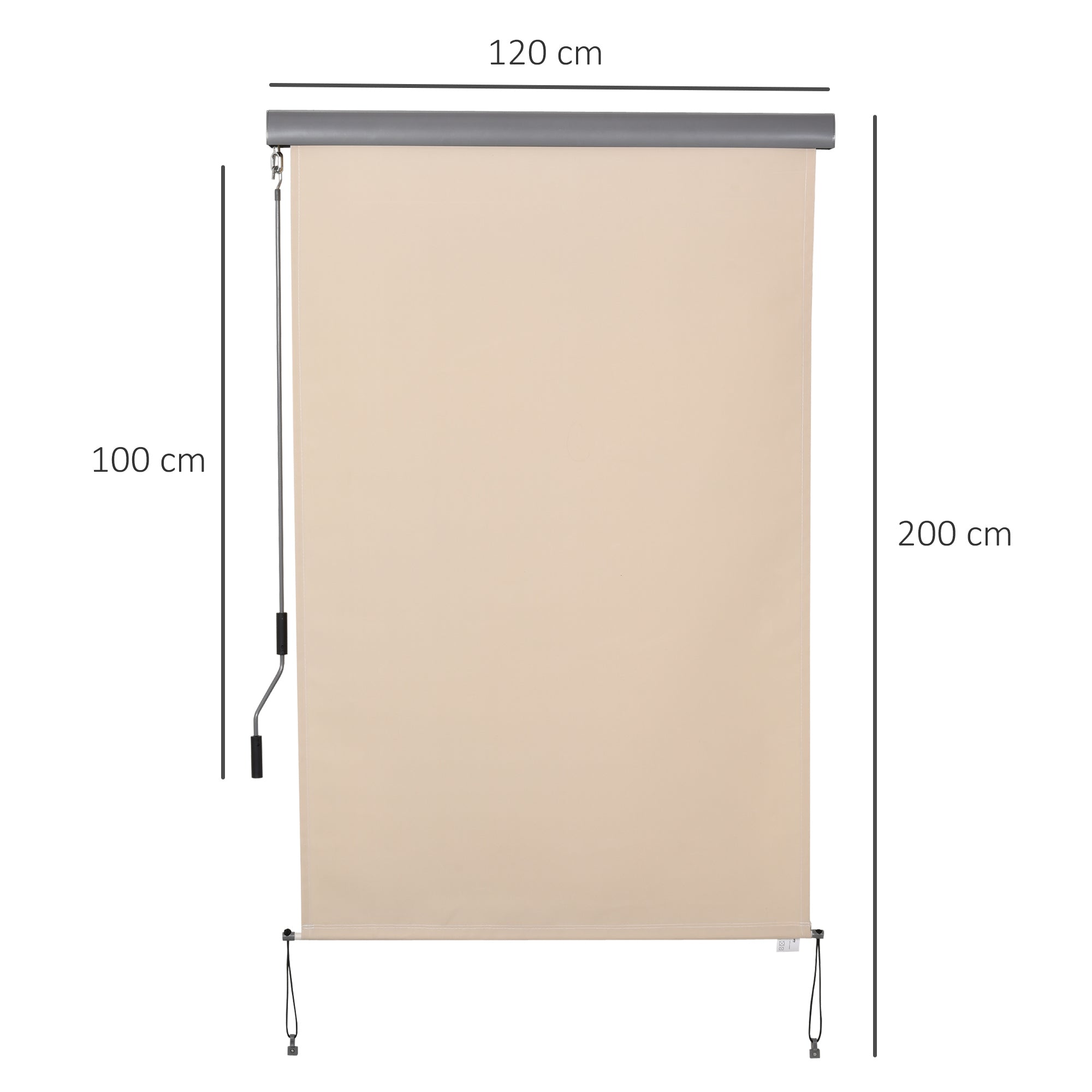 Roller Shade Awning with Crank Handle, Wall or Ceiling Mounted, 120x200cm, Beige