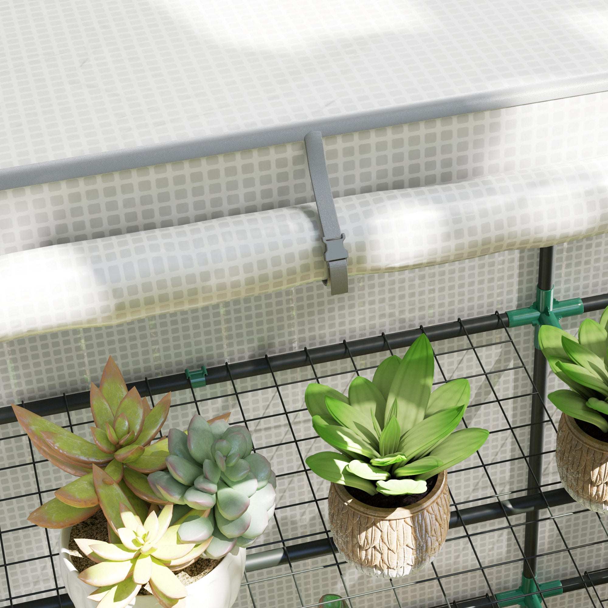 Outsunny Garden Greenhouse with 2 Roll-Up Doors, 3-Tier Shelving and Side Pockets, White and Gray