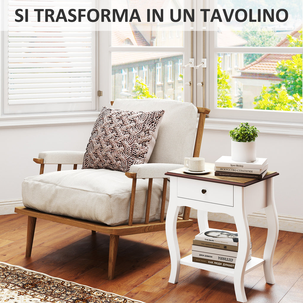 French Style Wooden Nightstand with Drawer and Open Shelf, 45x35x55 cm, White and Oak