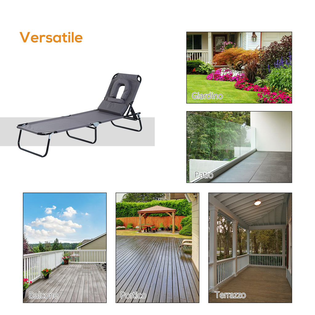 Outsunny Folding Outdoor Lounger with Face Hole and Cushions, Garden Sun Lounger, Beach and Camping, Grey