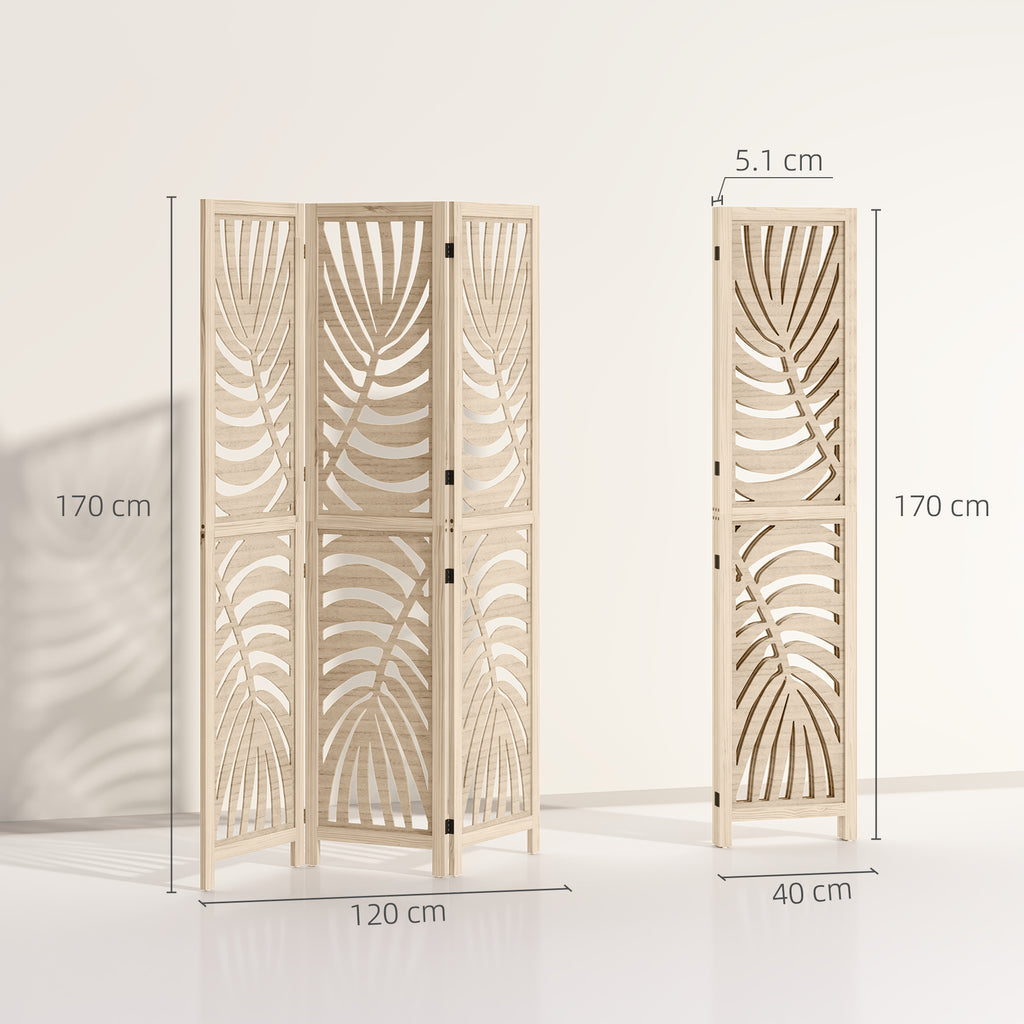 3-Panel Folding and Separable Wooden Room Divider, Leaf Design, 120x170 cm, Wood Color