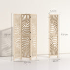 3-Panel Folding and Separable Wooden Room Divider, Leaf Design, 120x170 cm, Wood Color