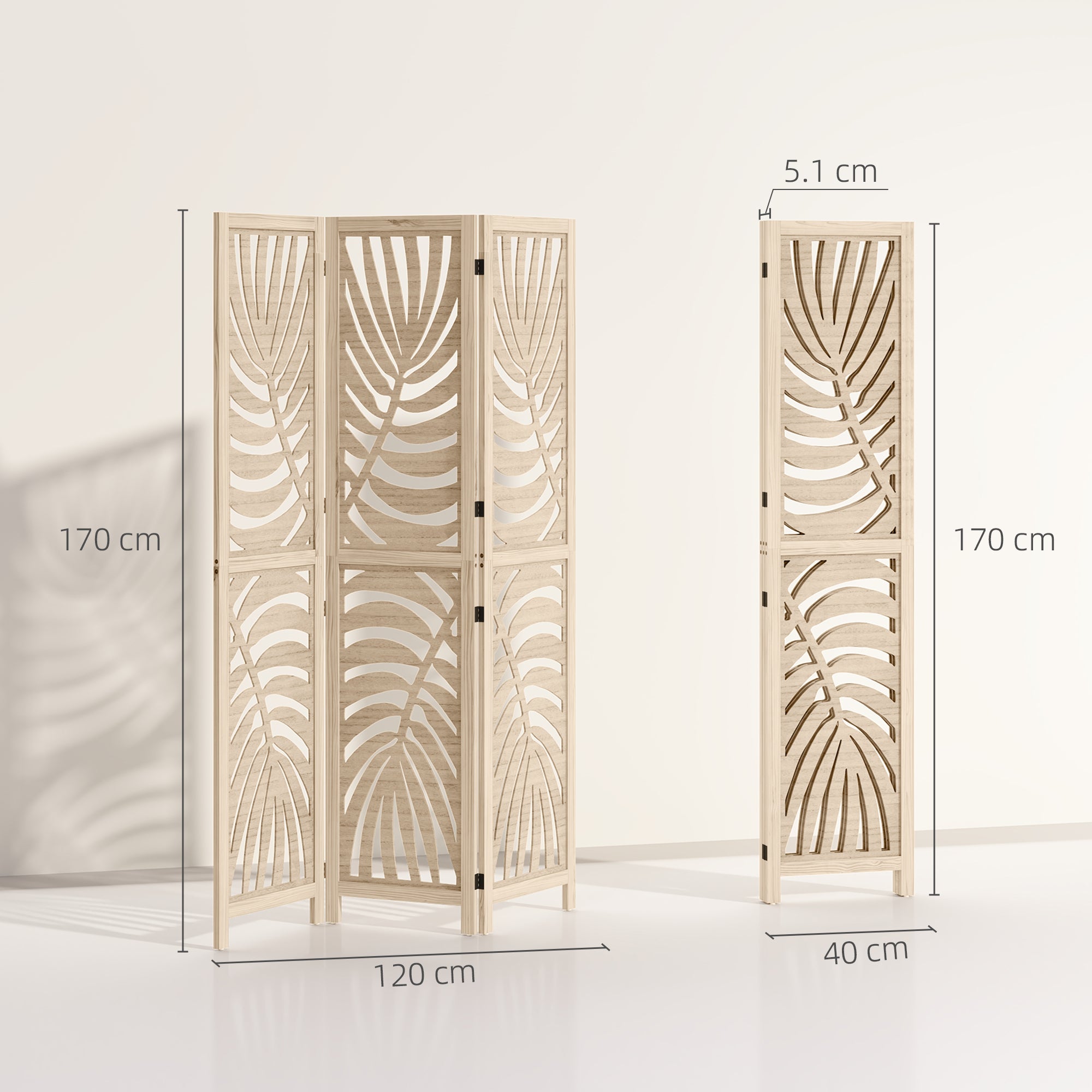 3-Panel Folding and Separable Wooden Room Divider, Leaf Design, 120x170 cm, Wood Color
