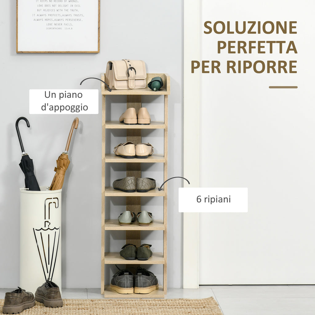 Wooden Shoe Rack for Entryway, 6-Shoe Shelf with Storage Shelf, 32x30x104cm, Oak