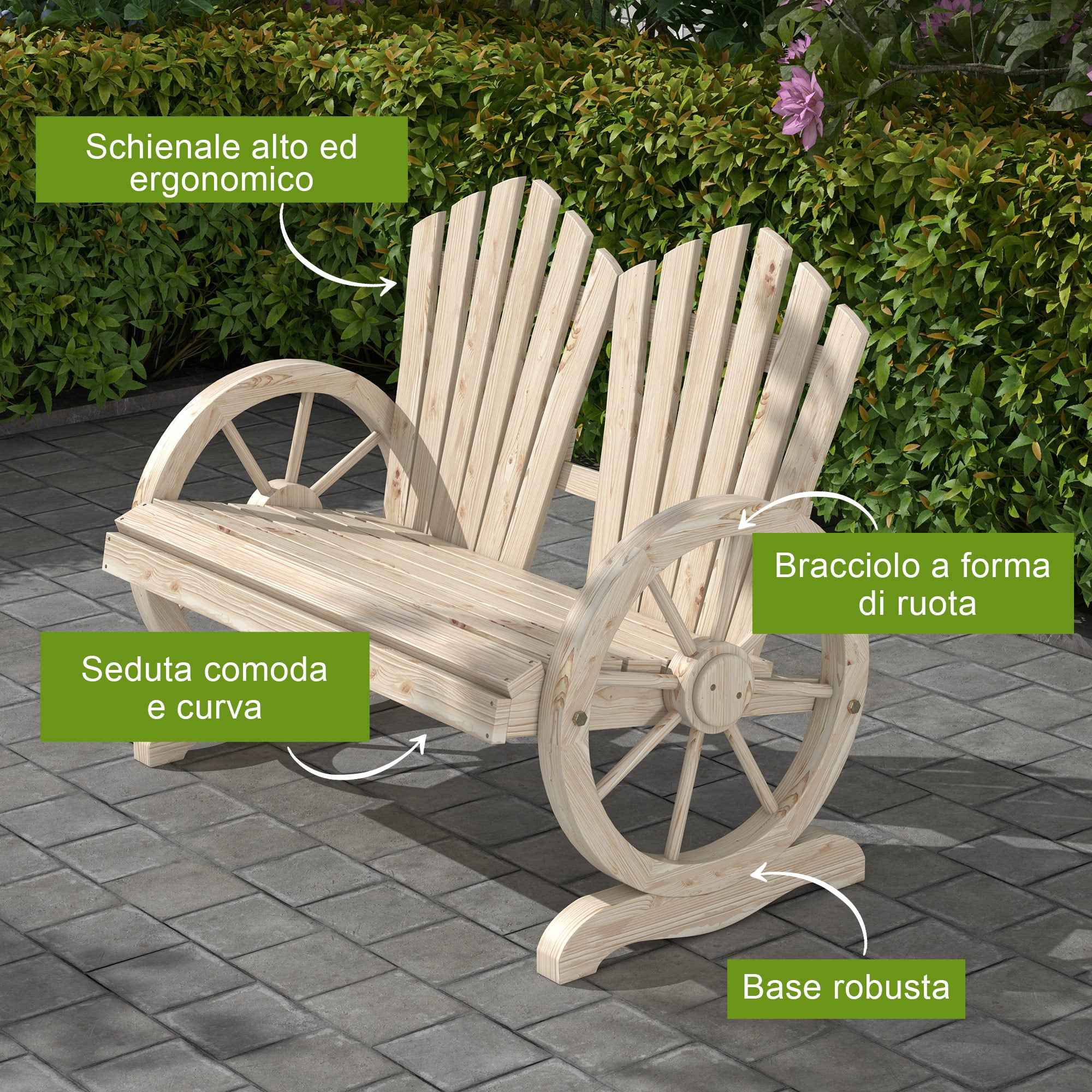 Outsunny Country Style Wooden Garden Bench with Wheel Armrests, 108x66x95cm, Natural Wood