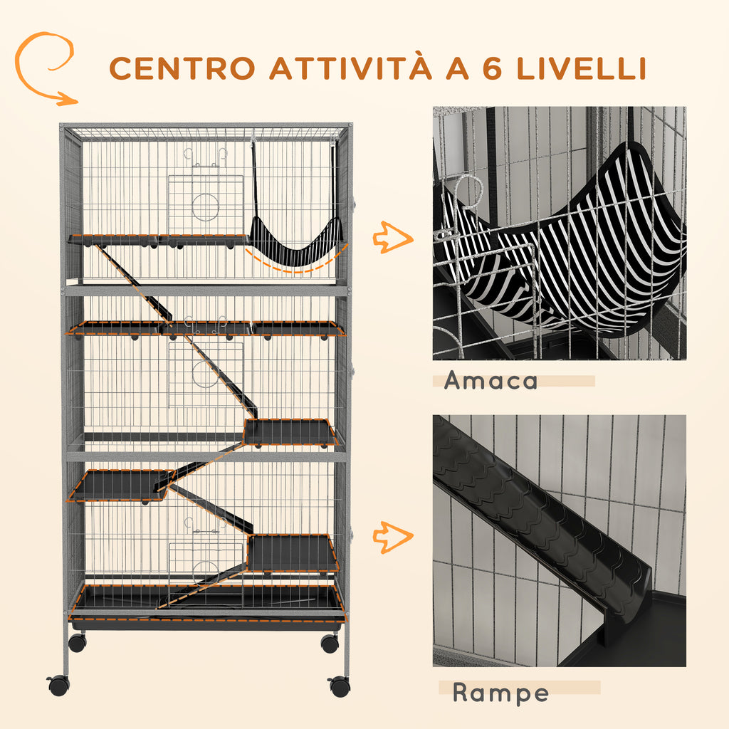PawHut Rabbit Cage with 4 Entrances at Multiple Levels with Hammock, Steel and PP, 80x52x159 cm - Borgè