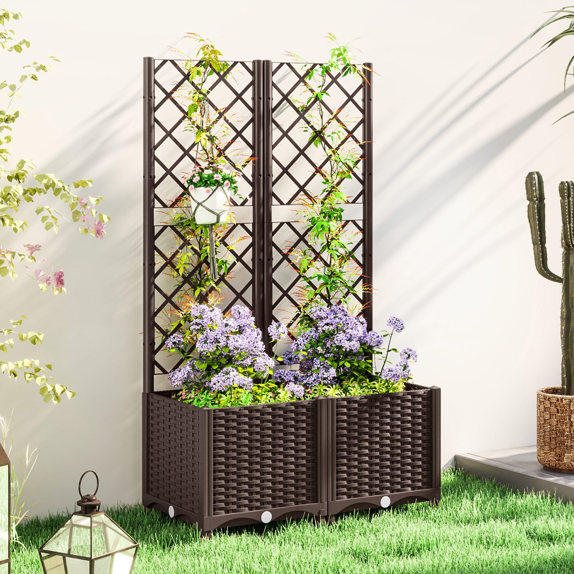 Raised Planter with Trellis for Climbing and 8 Drainage Holes in PP, 80x40x135 cm, Brown