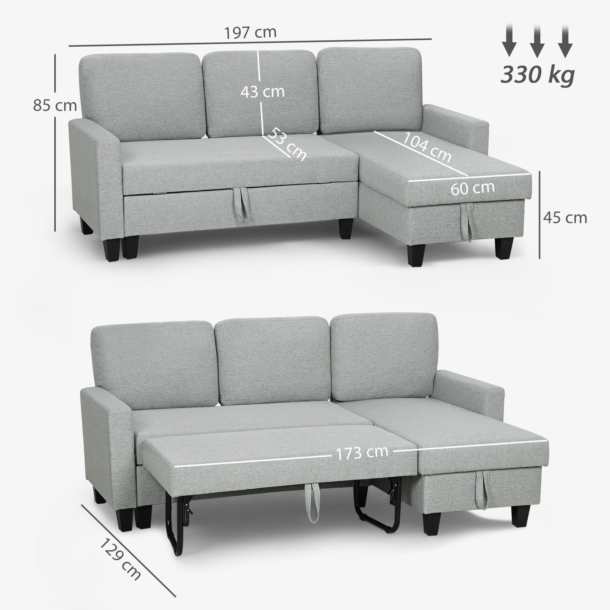 3-Seater Sofa Bed with Chaise and Storage Space, Linen-Effect Fabric, 197x129x85 cm, Grey and Black