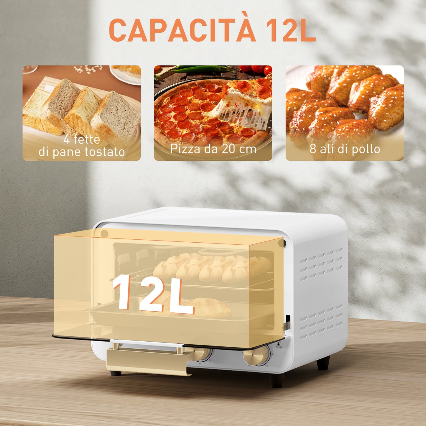 12L Electric Oven with Timer and Adjustable Temperature, in Steel and Plastic, 31.5x27.7x22.7 cm, White and Gold