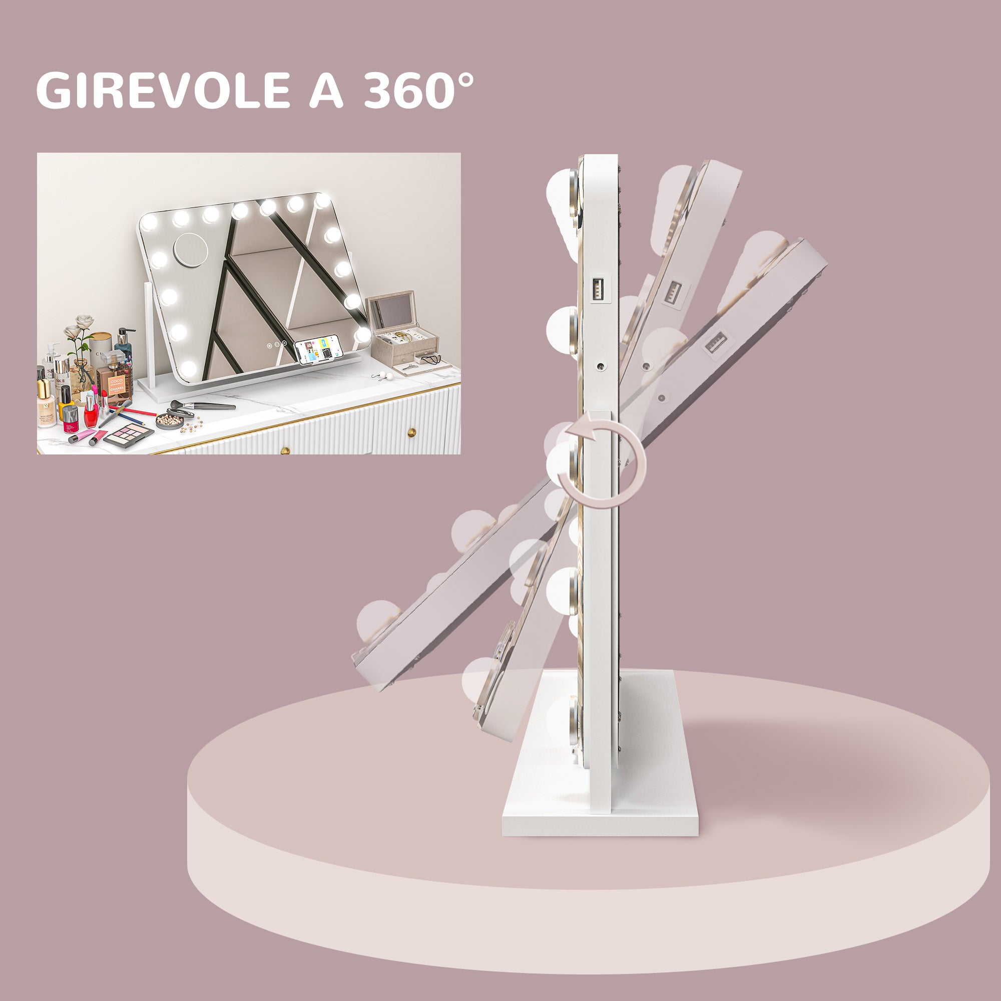 Makeup Mirror with 14 Adjustable LED Lights and USB Charging, Glass and Metal, 62.5x14x49.5 cm, White
