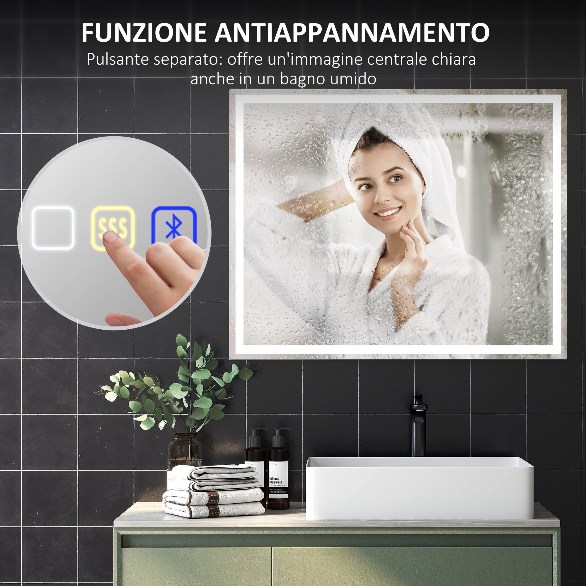 Anti-Fog Bathroom Mirror with Adjustable LED Light, Bluetooth Speaker, Touch Buttons, 80x100cm