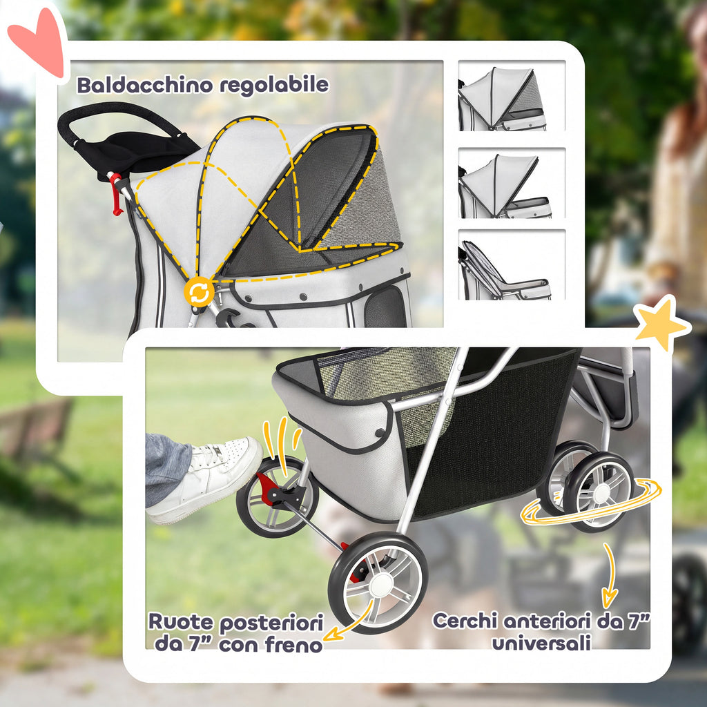 PawHut Folding Dog Stroller with Cup Holder and Basket, 77x44x102 cm, Grey