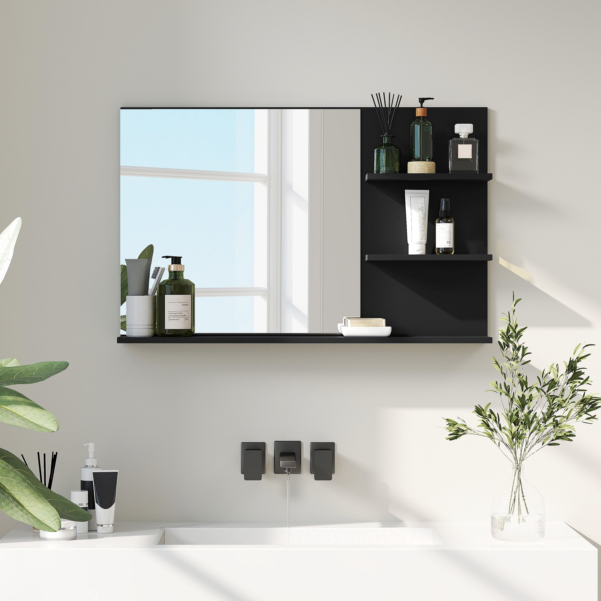 Modern Bathroom Mirror with 2 Side Shelves and Bottom Shelf, in Wood and Glass, 75x10x48 cm, Black