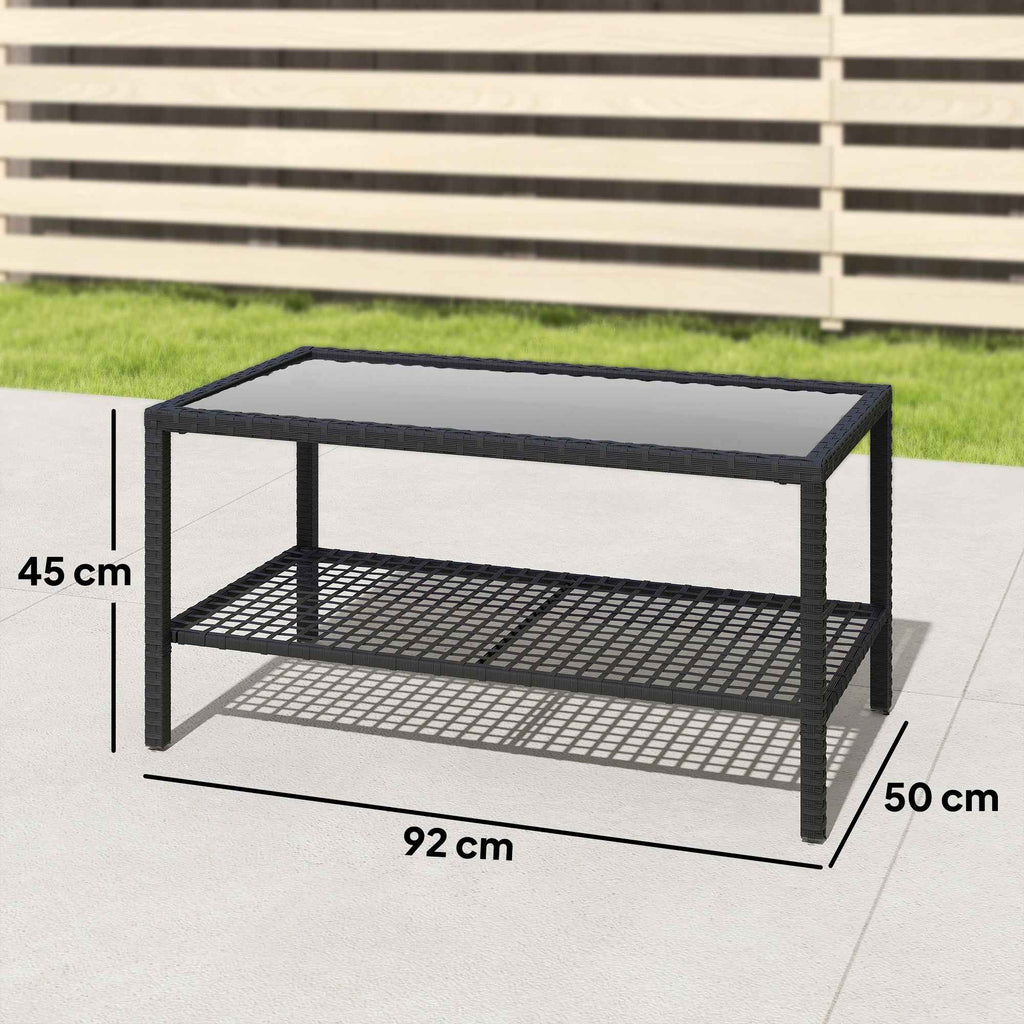 Outsunny 2-Tier Coffee Table with Tempered Glass Top and Shelf, Steel and Rattan, 92x50x45 cm, Black