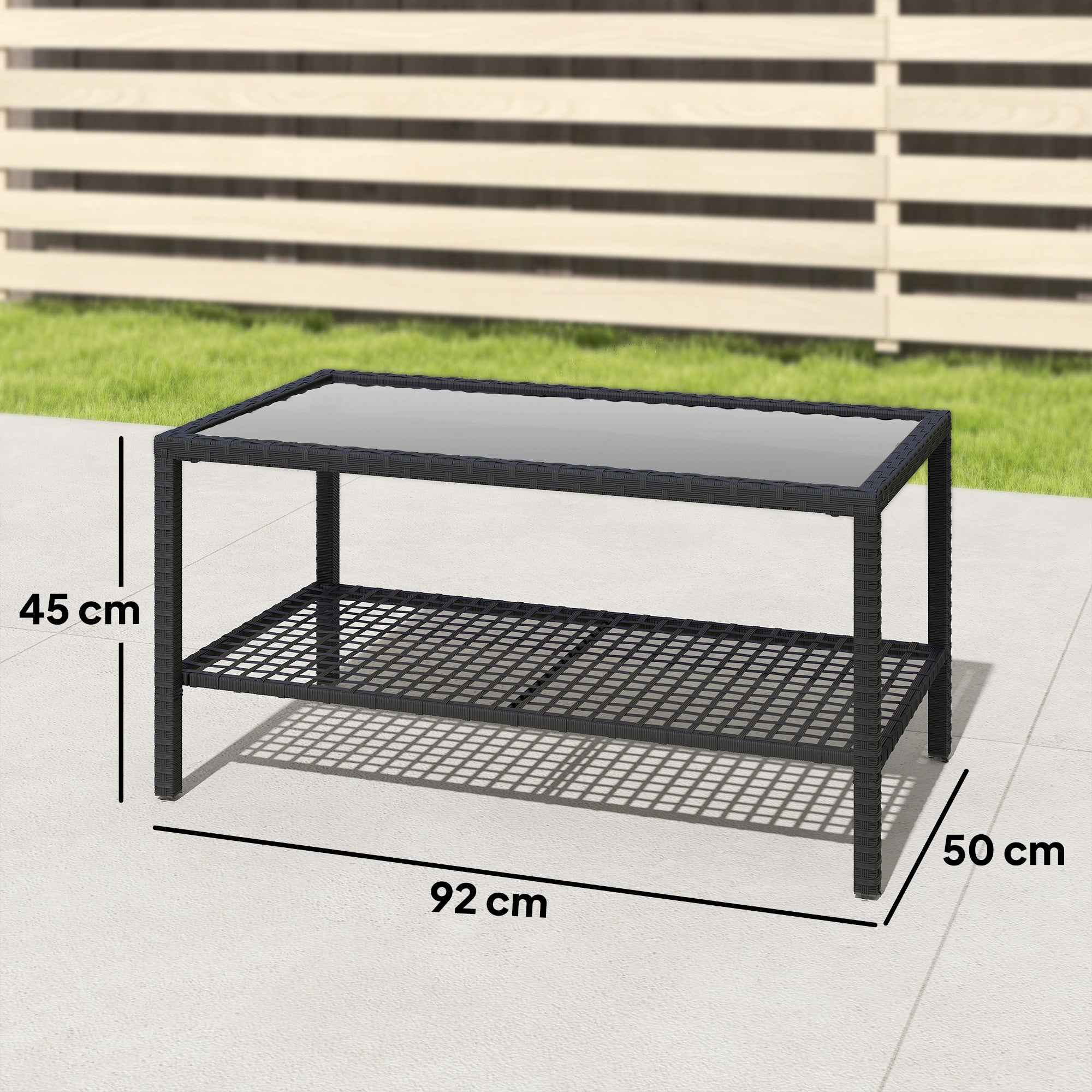 Outsunny 2-Tier Coffee Table with Tempered Glass Top and Shelf, Steel and Rattan, 92x50x45 cm, Black