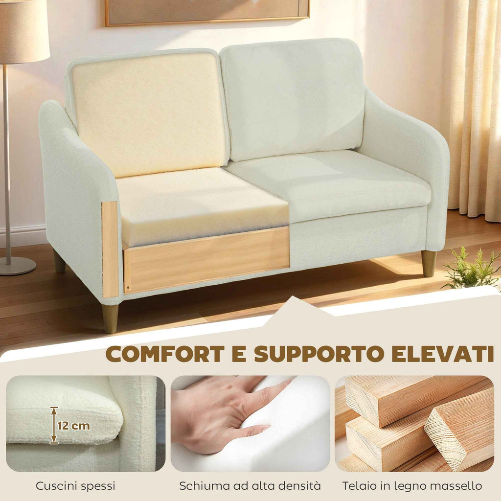 HOMCOM Modern 2-Seater Sofa with Thick Cushions and Sherpa Upholstery, 137x69x82 cm, Cream